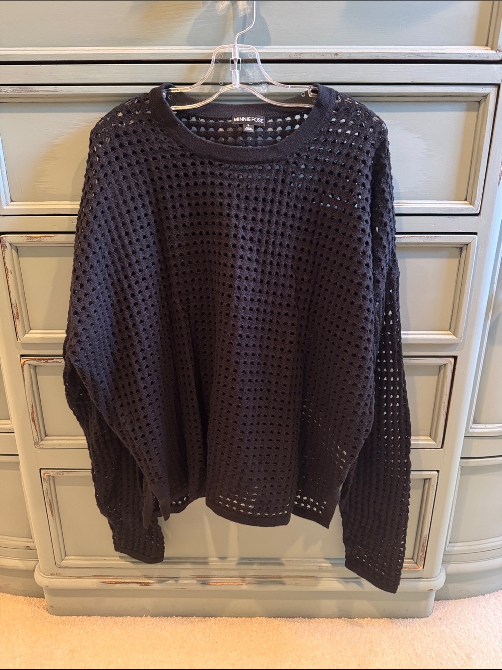 MINNEROSE Black Open-Knit cotton & cashmere Crewneck Sweater